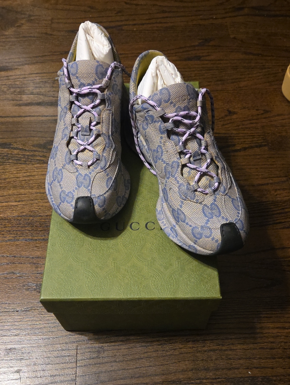 Gucci Beige and Blue Monogram Running Sneakers